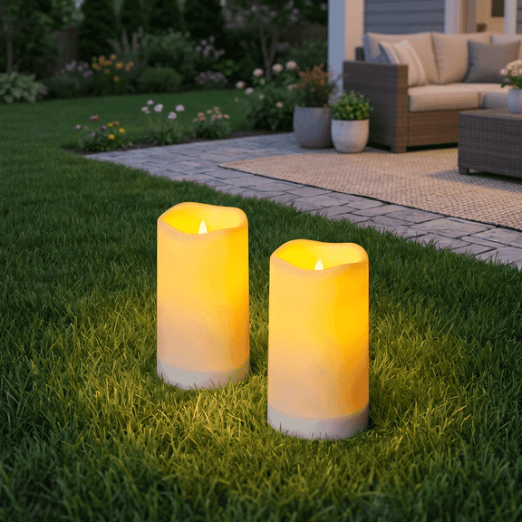 Goyuon Solar Flameless Candles Waterproof Outdoor, 2 Pack Twinkling LED Candles with Dusk to Dawn Sensor for Patio, Garden, Yard and Home Decor