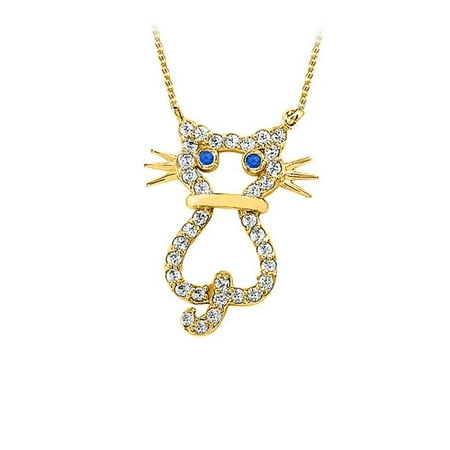 Fine Jewelry Vault UBUPD3062Y14CZS Unique Sapphire and Cubic Zirconia Cat Pendant in 14K Yellow Gold Best Jewelry