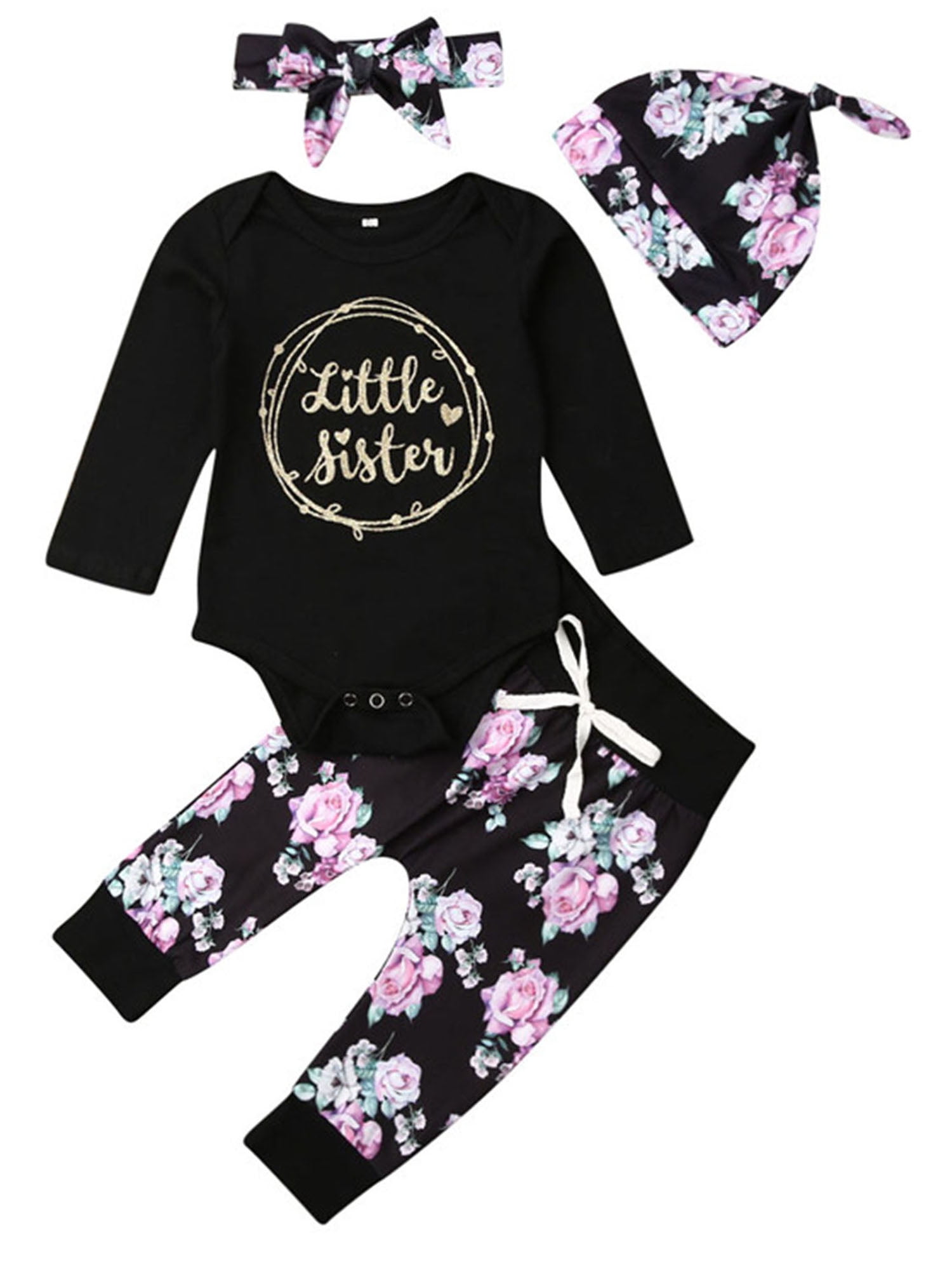 IZhansean Newborn Baby Little Sister Girl Clothes Romper+Pants Leggings Outfit 4pcs Set Black 0-3 Months