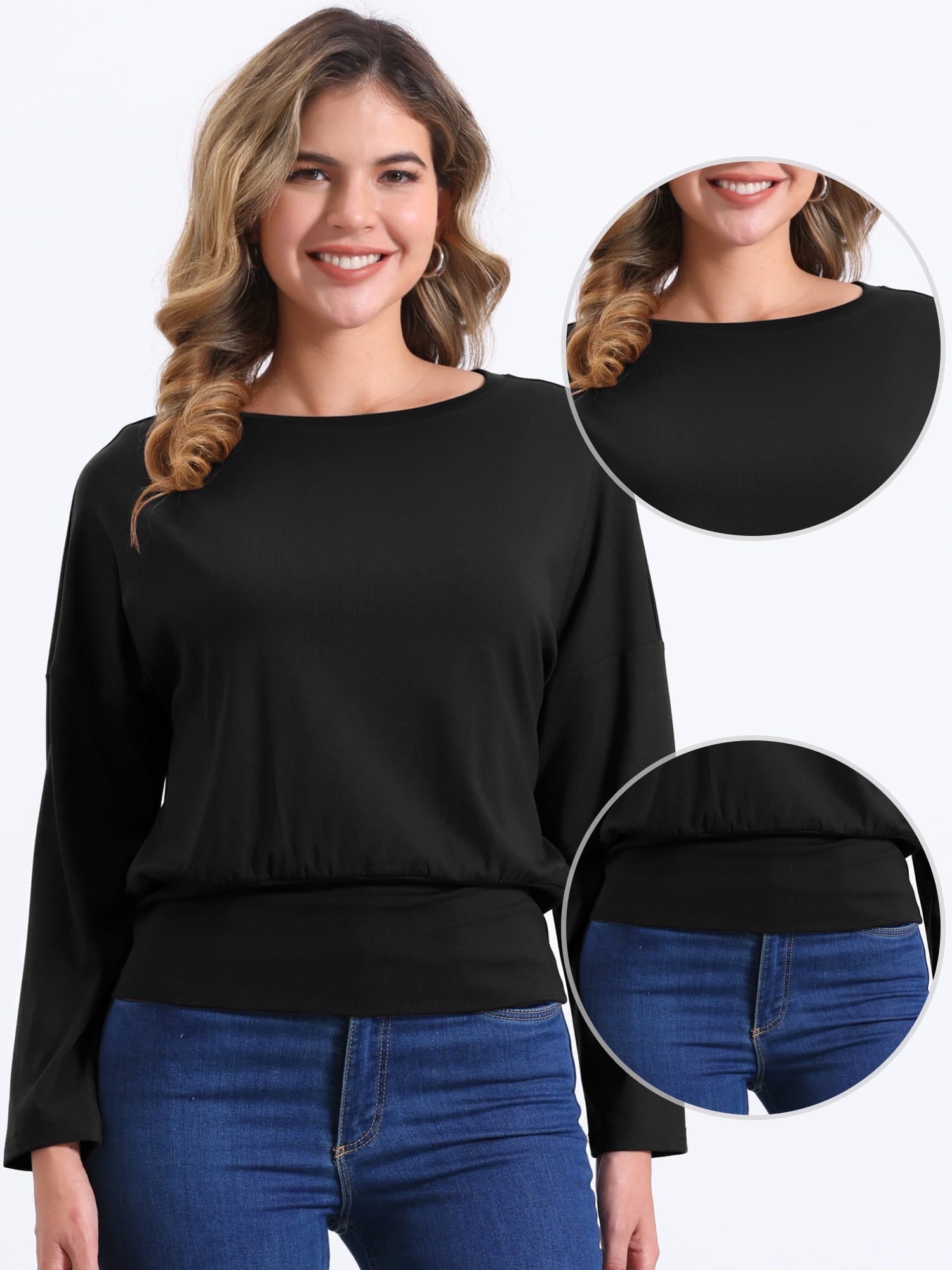 DARING DIVA Women's Casual Long Sleeve Knit Drop Shoulder Loose Blouses M Black
