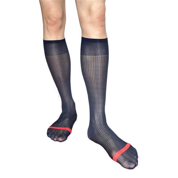Mens Thin Sheer Formal Dress Suit Socks Casual Business Socks Nylon Breathable Over the Calf Striped Long Stockings