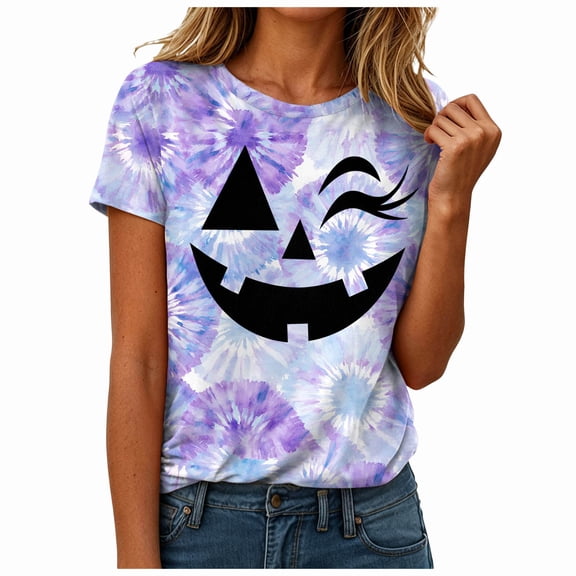 Ahadesign Fall Womens Clothes Plus Size Halloween Shirts for Women Pumpkin Graphic Tshirt Fall Casual Short Sleeve Tee Tops (Purple,3XL)