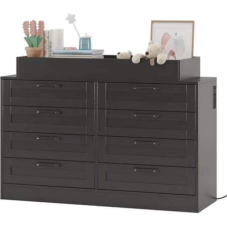Baby Changing Dresser with 8 Drawers – Wooden Nursery Dresser with Safety Rail & Open Shelf Changing Table Station Space-Saving Organizer