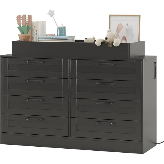 Baby Changing Dresser with 8 Drawers – Wooden Nursery Dresser with Safety Rail & Open Shelf, Changing Table Station Space-Saving Organizer