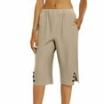 thumbnail image 4 of ASDFVBKG Pedal Pushers for Women Linen Capri Pants Dressy Casual Knee Length Elastic Waist Knee Length Shorts Trendy Summer Linen Capri Pants with Pockets Khaki 2XL, 4 of 7
