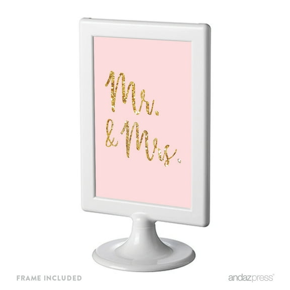 Mr. & Mrs. Blush Pink Gold Glitter Print Wedding Framed Party Signs