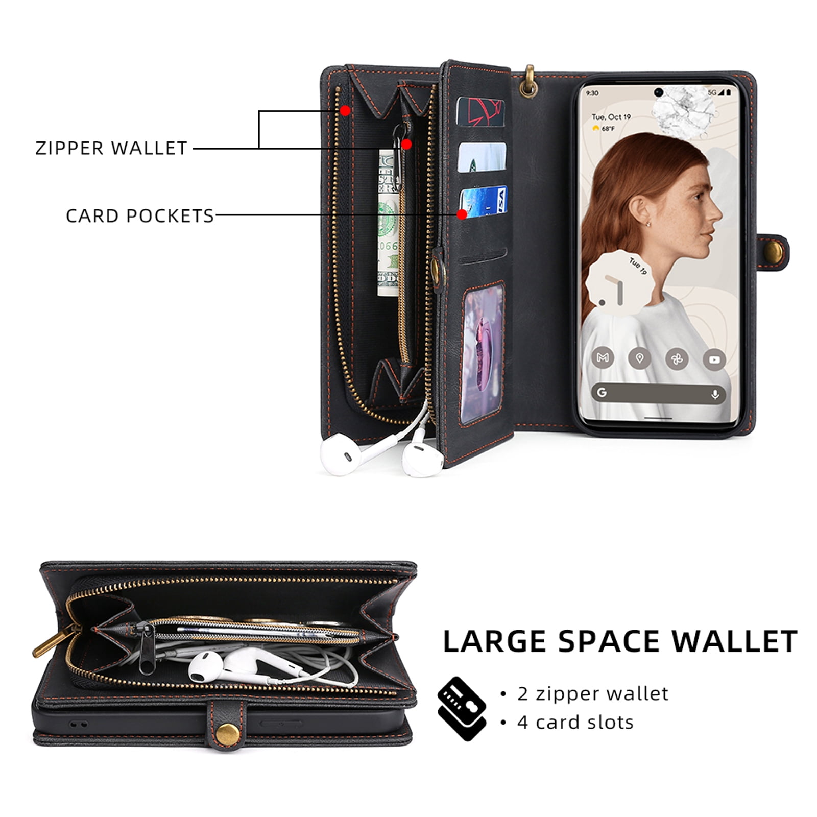 Defencase for Google Pixel 7 Pro Case for Women Men, Removable Durable PU Leather Magnetic Flip Strap Wristlet Zipper Purse Card Holder Detachable Wallet Phone Cases for Google Pixel 7 Pro, Black