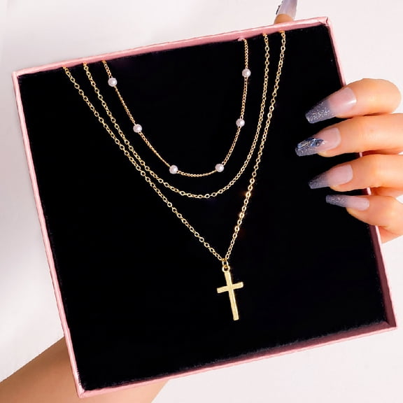 Personalized Cross Pendant Necklace – Multi-Layered Niche Jewelry in Gold Tone