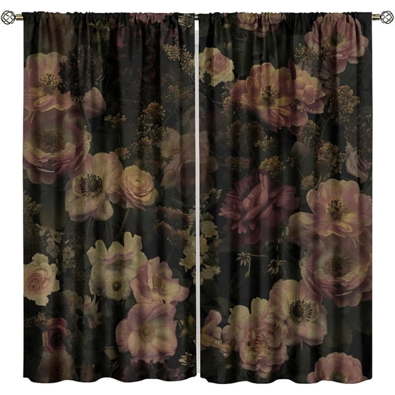 Floral Blackout Curtains, Rustic Watercolor Botanical Rose Vintage Leaves Plant Boho Gothic Print Window Treatments, for Living Room Bedroom 72" W X 63" L