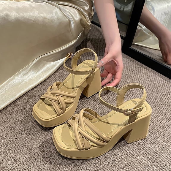 AUDeals Women Platform Sandals, Thick Heel Fashion Shoes, Comfortable Summer Beach Sandals for Everyday Outfits (Khaki, 7)