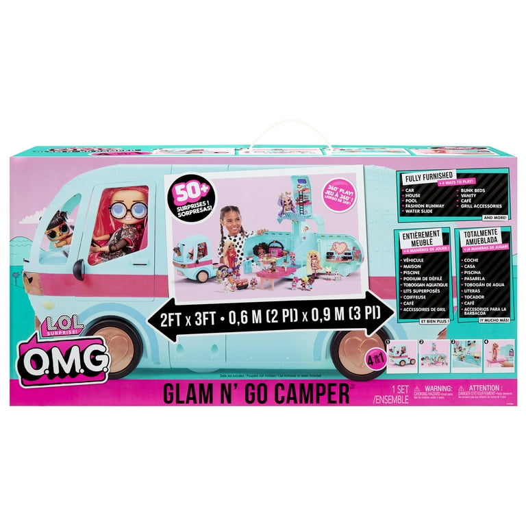 LOL Surprise! OMG Glam N' Go Camper Playset with 50+ Surprises and 360°  Play, Fully Furnished with Pool, Water Slide, Bunk Beds, Vanity, BBQ Grill,  DJ