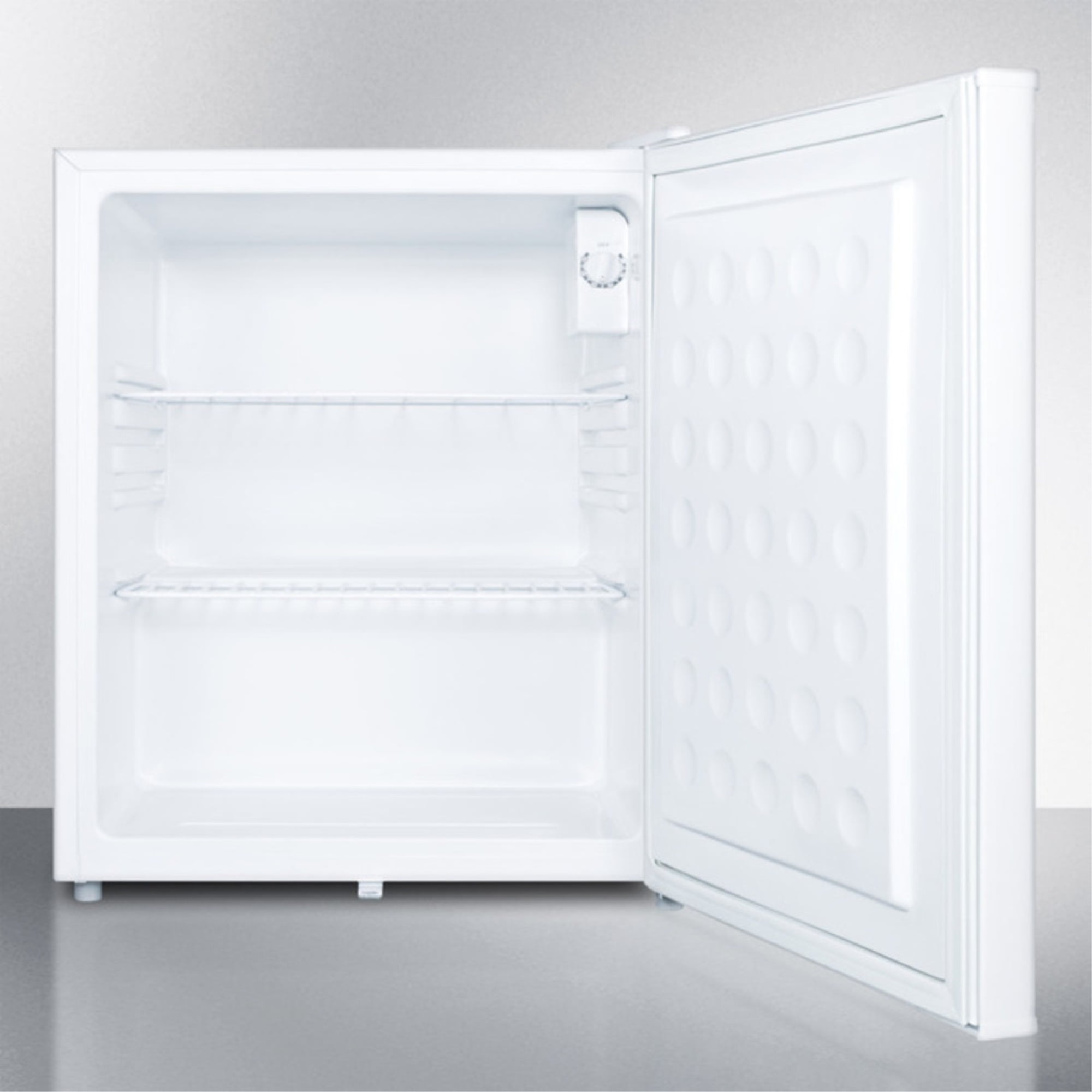 Compact all-refrigerator with automatic defrost, front-mounted lock, and white finish