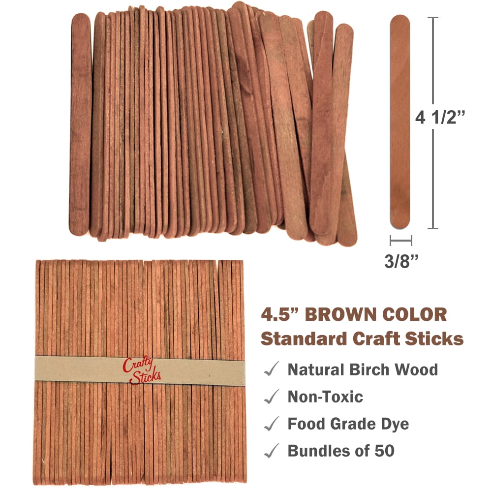 CraftySticks- 100 Pack 4.5 Inch Brown Popsicle Sticks for Crafts, Colored Wooden Craft Sticks for Kids Crafts, STEM Basics and DIY