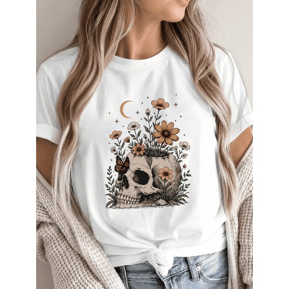 Vintage Floral Skull Crescent Moon Butterfly Graphic T-Shirt Women Wildflower Celestial Botanical Gothic Short Sleeve Casual Tee