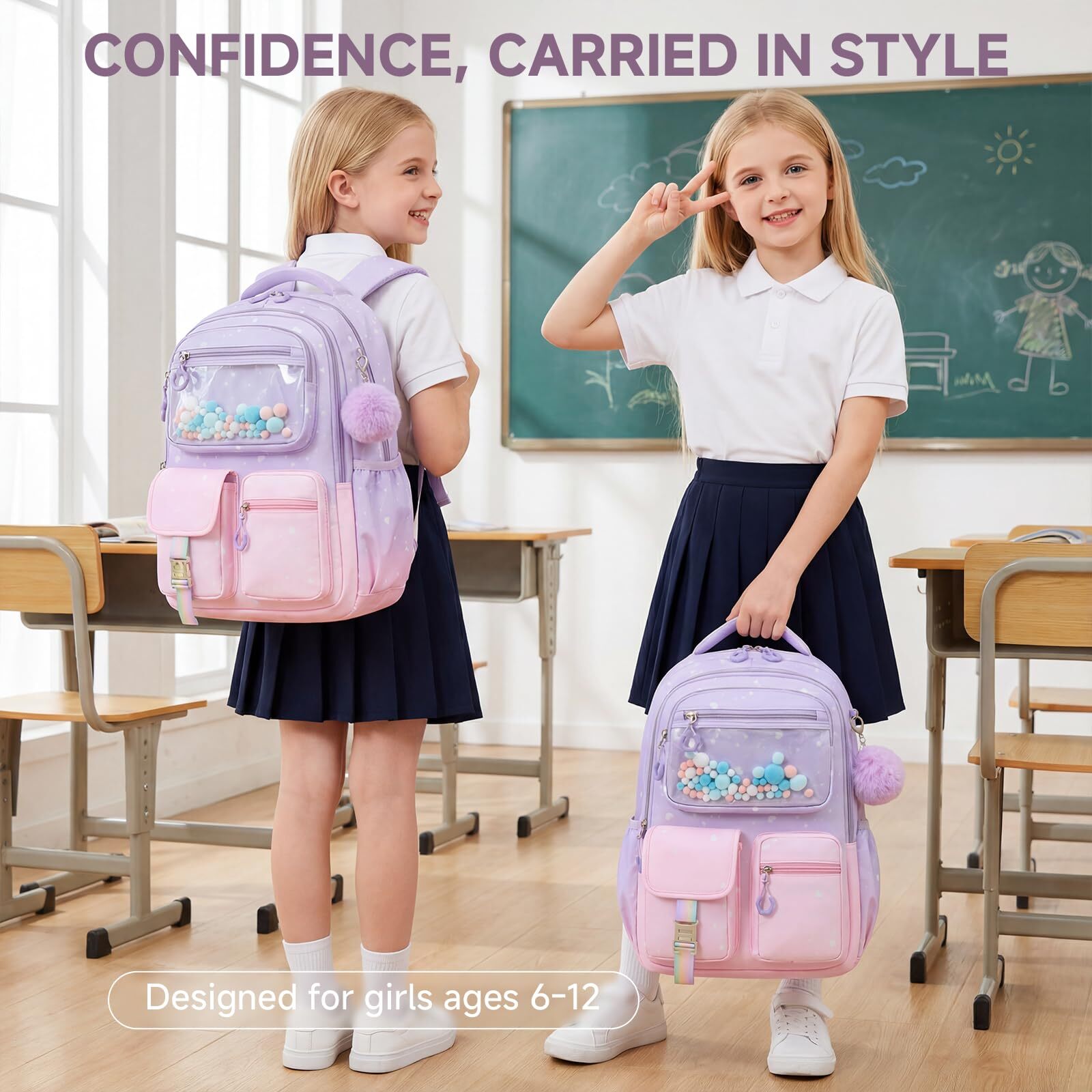 Mochila escolar para niñas de 20L para grados 1-5, ligera y ergonómica con tiras reflectantes, impermeable y con colgante lindo 8