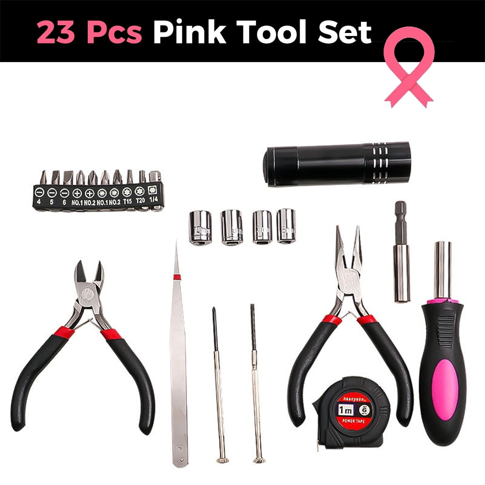 General Household Tool Set, Pink Tool Set withToolbox Storage Case, Essential Hand Tools for Everyday Home Repairs, Household Tool Kit for Women, Girls and Ladies