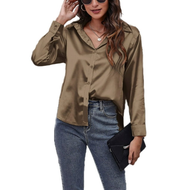 Innerwin Tops Lapel Neck Women Shirts Work Button Down Single Breasted Blouse Deep Khaki M