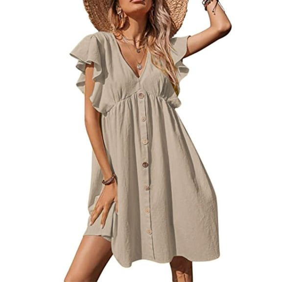 Honeeladyy Womens Loose Print Short Sleeve dress Fashion Women Summer Casual V-Neck Button Solid Short Sleeve Dress