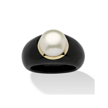 Round Cultured Freshwater Pearl Black Jade 10k Yellow Gold Ring