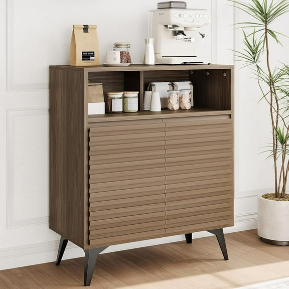 Modern Fluted Storage Cabinet with Adjustable Shelves, Sideboard Buffet with Open & Closed Compartments, Engineered Wood Cabinet with Ventilated Fluted Front, Black Metal Legs, Walnut