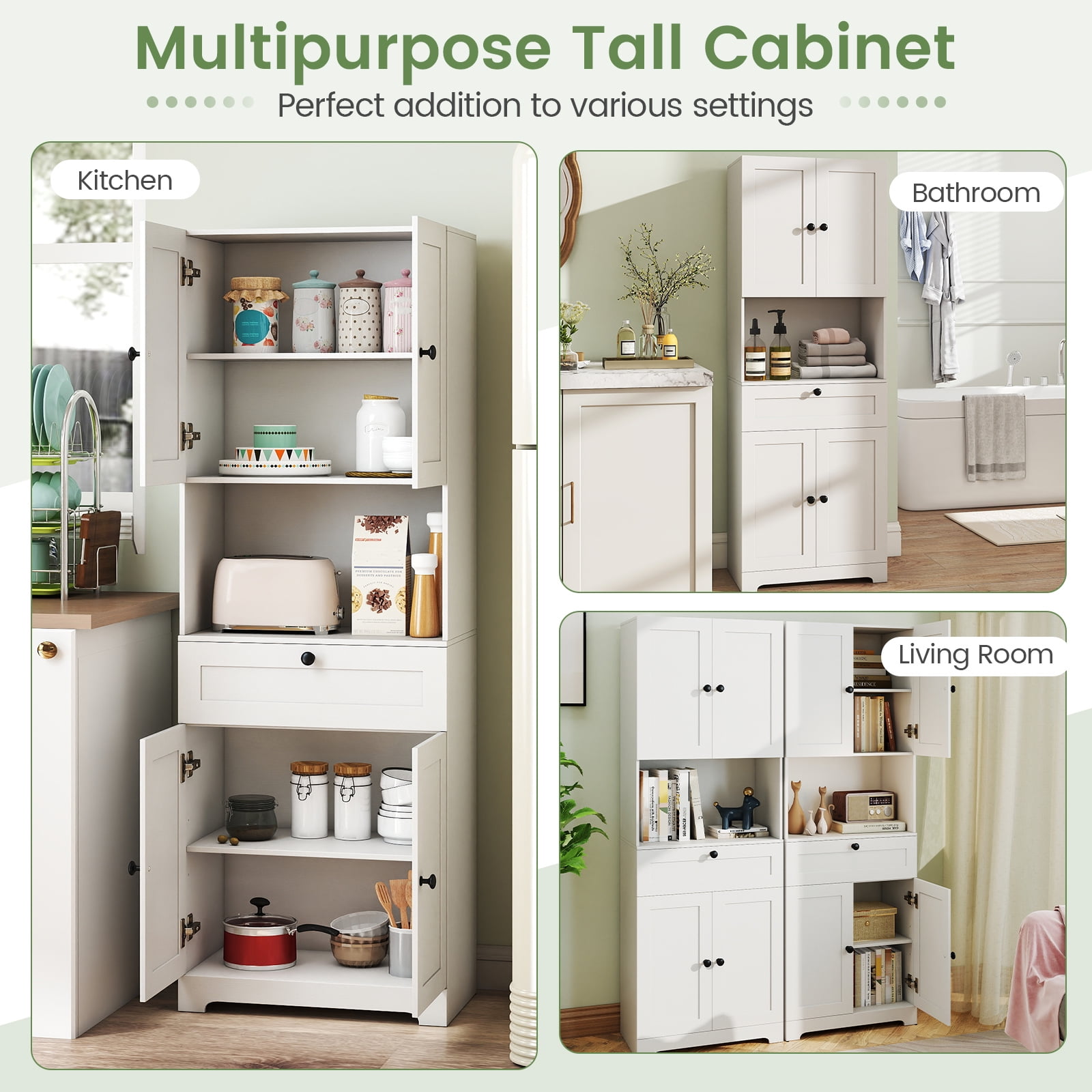 Gymax 67.5'' Kitchen Pantry Cabinet w/4 Doors 1 Drawer Open Countertop Adjustable Shelf White