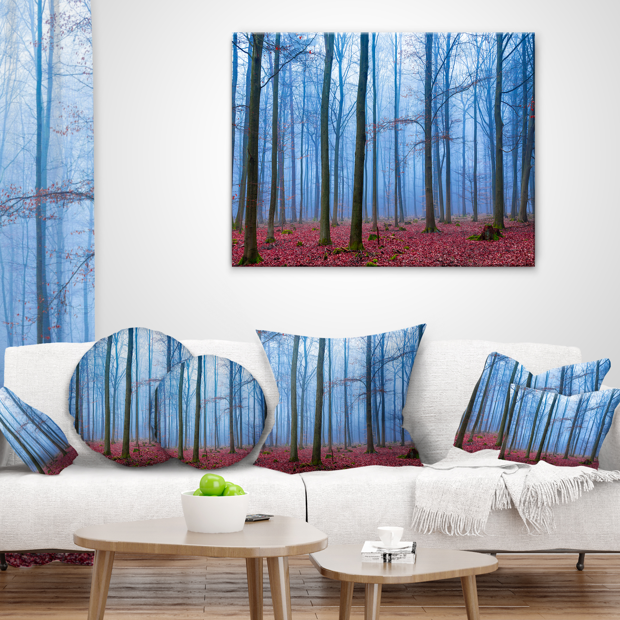 Designart Foggy Forest in Blue and Pink Photo - Modern Forest Throw Pillow - 18x18