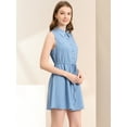 thumbnail image 3 of Unique Bargains Robe Chemise Sans Manches Col Rabattu Boutonnée Plissée à Cordon Bleu Poussiéreux L, 3 of 5