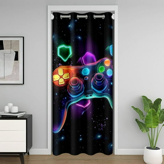 Gaming Door Curtain 34" W X 80" L Game Consoles Blackout Curtain Gamer Geometric Bedroom Decor Honecomb Space Glow Blue Colorful Privacy Darkening Doorway Curtain
