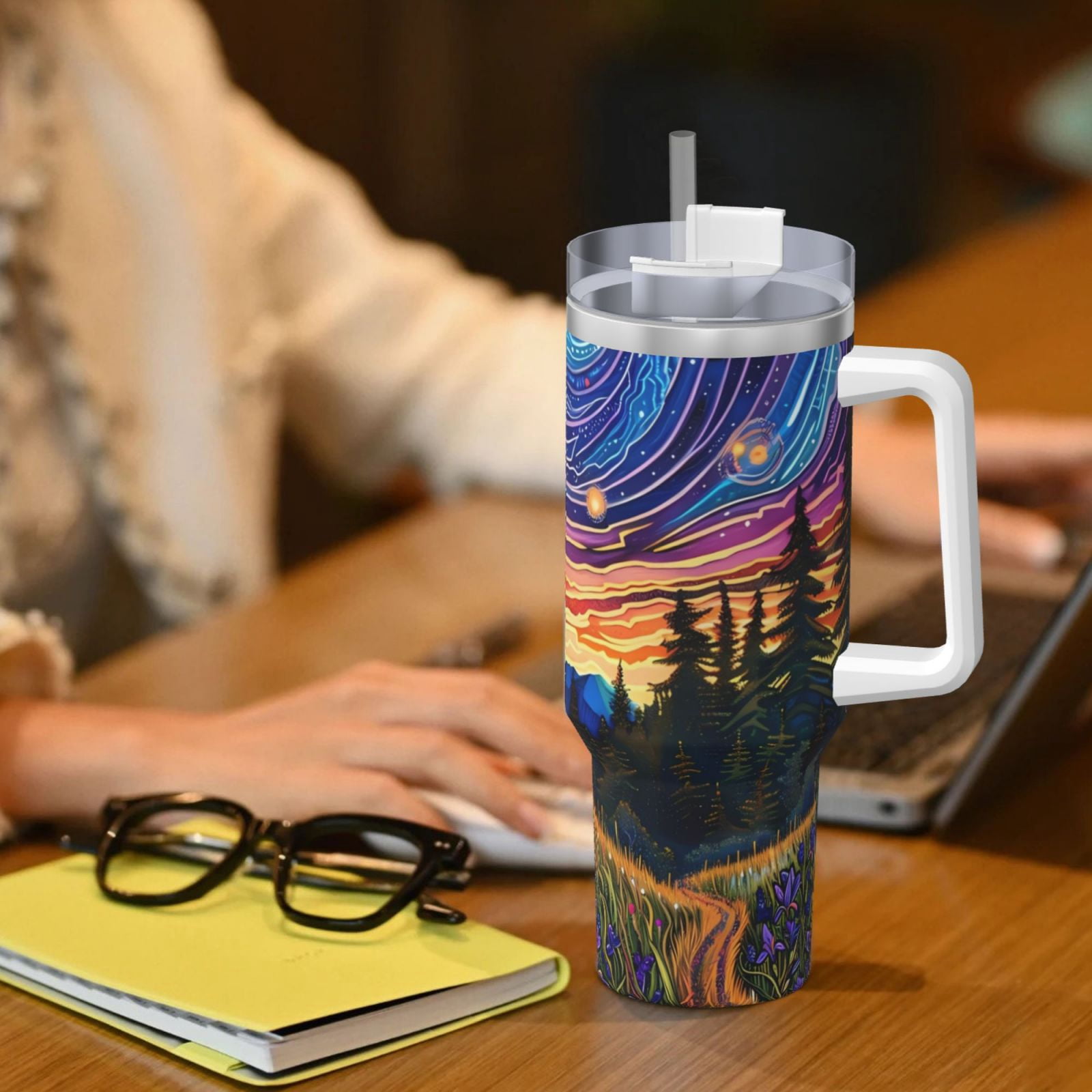 Vsdgher Galactic Night Over Meadow Pattern 40 oz Tumbler with Handle and Straw Lid | Insulated Cup Reusable Stainless Steel Water Bottle Travel Mug | Gifts for Women Men Him Her