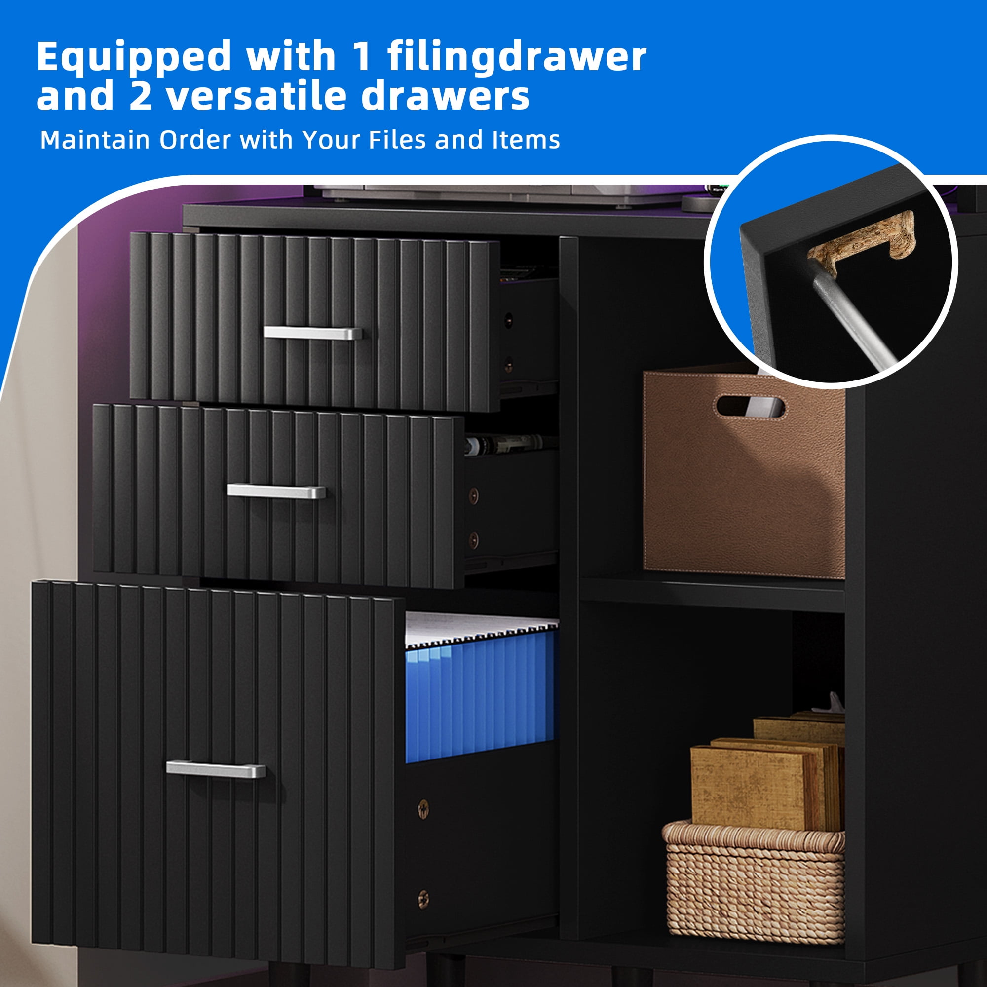 Uforic File Cabinet with 3 Drawer & Open Storage Shelves, Wood File Cabinet with LED Light & Charging Station, Tall Office cabinet with 3 Shelves, Printer Stand for Home Office, Black