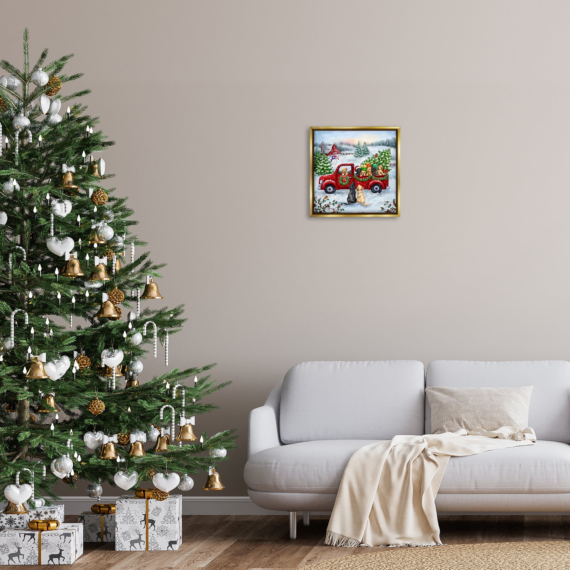 Stupell Industries Holiday Truck & Tree Holiday Painting Gold Floater Framed Canvas Art Prints Wall Art, 18 x 18
