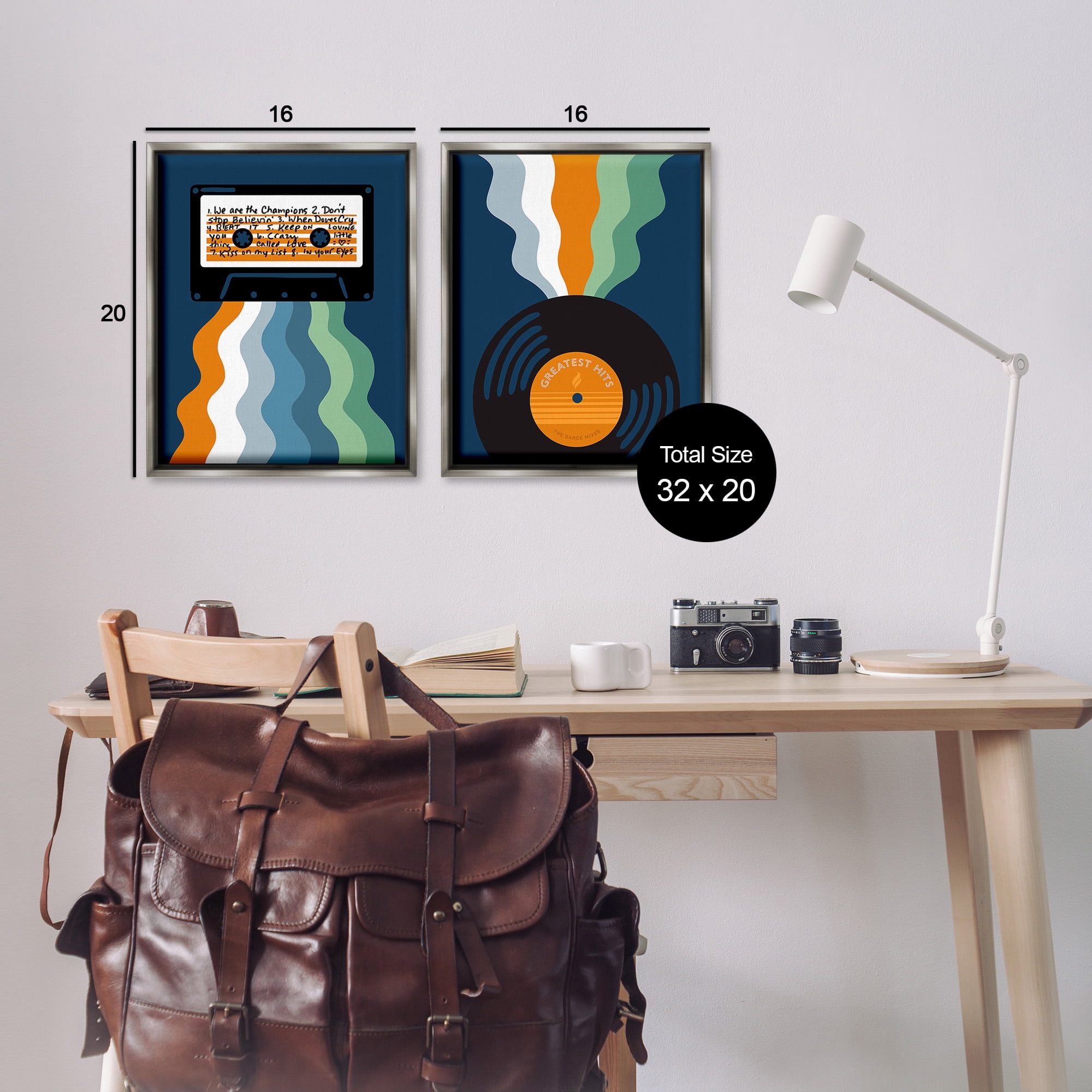 Stupell Industries Retro Music with Stripes Abstract Painting Gray Floater Framed Canvas Art Print Wall Art, 17 x 21, Set of 2