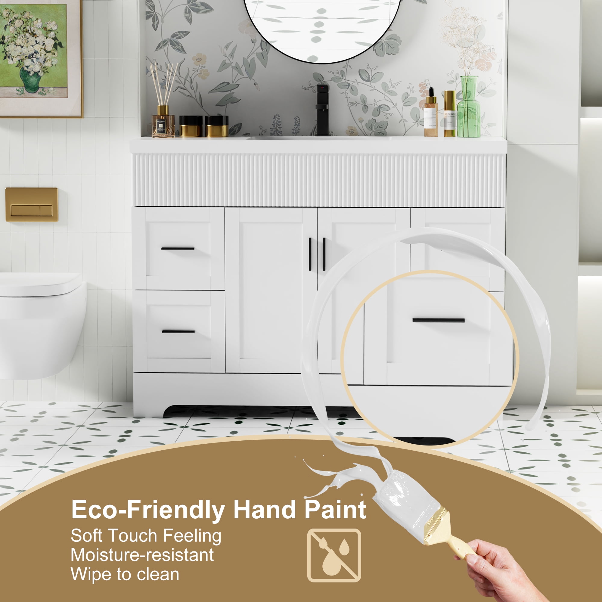 eclife Freestanding Single Sink Bathroom Vanity with Resin Top, Faucet, and Drain, 48 Inch