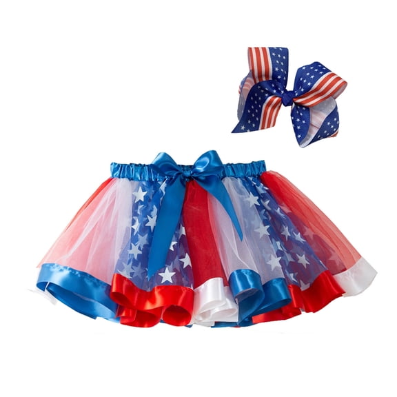 WREESH Girls' 4Th of July Themed Tutu Skirt with American Flag Star & Hair Bow Perfect for Toddler's Independence Day Outfits Red