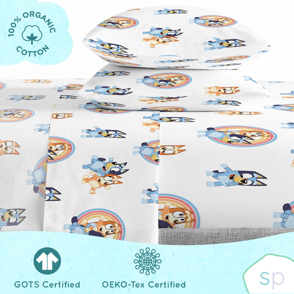 Saturday Park Bluey Rainbow in the Clouds 100% Organic Cotton 5 Piece Twin Bed Set