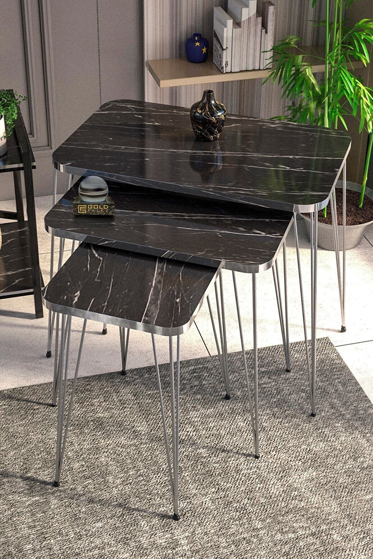 Black Marble Nesting Coffee Table with 3-Rod Metal Legs,Rectangular Set ...