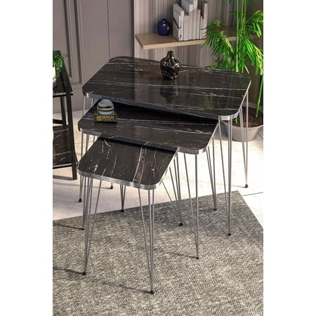 Black Marble Nesting Coffee Table with 3-Rod Metal Legs,Rectangular Set of 3 End Tables for Living Room, Stacking Side Tables With Silver Side Details,Set of 3 Accent Table for Living Room Bedroom