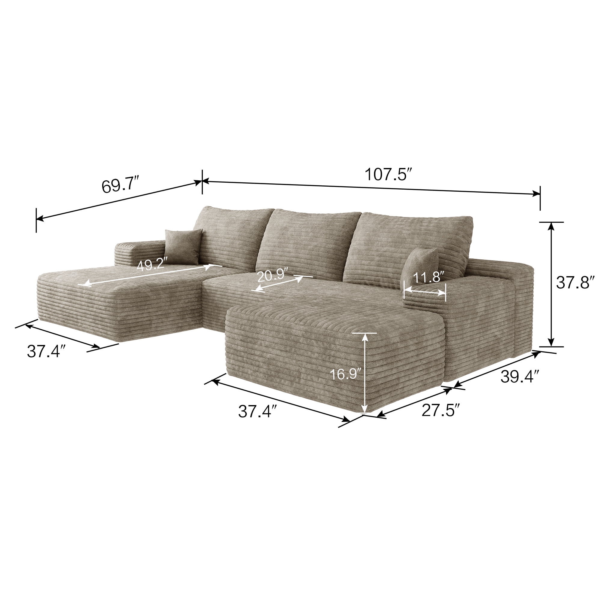 MAYEERTY 107" Cloud Sectional Sofa with 1 Ottoman, Modern Minimalist U-Shaped Deep Seat Couch, No Assembly Plush Corduroy Fabric, Camel (3 packages)