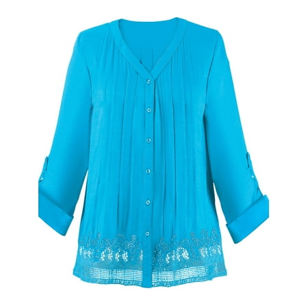 - Women's Pleated Pintuck Lace Trim Tunic, Large, Turquoise