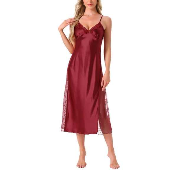 INSPIRE CHIC Womens Lingerie Satin Silky Lace Sleeveless V Neck Cami Spaghetti Strap Midi Chemise Nightgown M Red