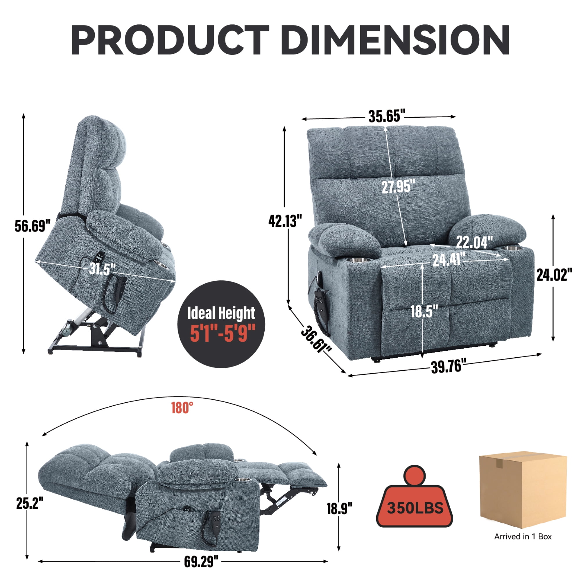 Leumius Power Lift Recliner Chair for Elderly,Heavy Duty Recliner with 8-Point Vibration Massage and Lumbar Heating,Infinite Position,Up to 350 LBS,Gray-Blue