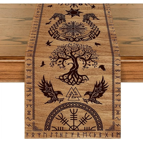 SM-XLHN Black Viking Tree of Life Raven Helmet of Awe Table Runner, Seasonal Kitchen Dining Table Decoration for Home Party Decor 13x72 Inch