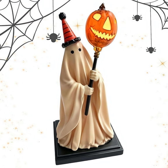 Resin Vintage Ghost Figurine With Glowing Pumpkin Staff, Lighted Halloween Decor Cute Spooky Statue For Home (1PC)