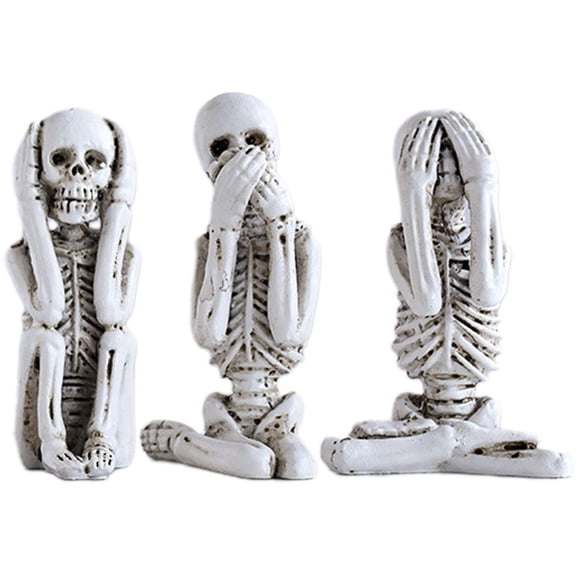 Jiibva 3PCS Skull Statues Set Resin Skeleton Shelf Sitters Sitting Figurines for Home Bookshelf Table Ledge Edge Decorative, Crafts Ornaments Collectibles Statues for Skeleton Lovers Halloween Decor