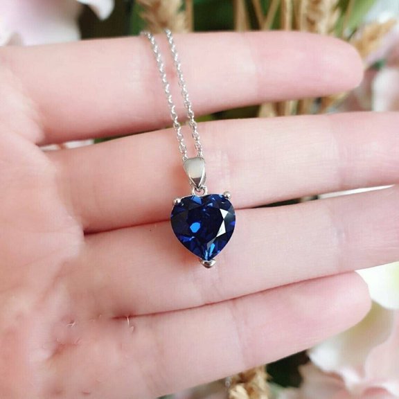2 CT Solitaire Blue Sapphire Heart Pendant With Free Chain 14K White Gold Plated Silver