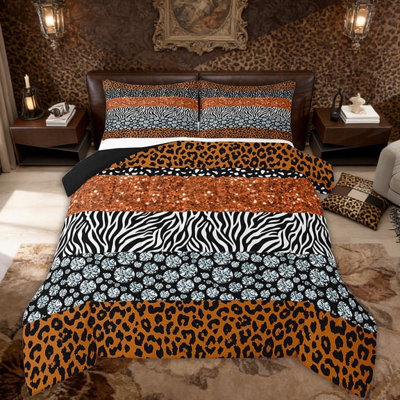 Orange Cheetah Print Bedding Queen Size Cheetah Zebra Animal Pattern Comforter Set, Glitter Diamond Cool Down Comforter, 1 Comforter 2 Pillowcases (No Real Glitter No Sequin)