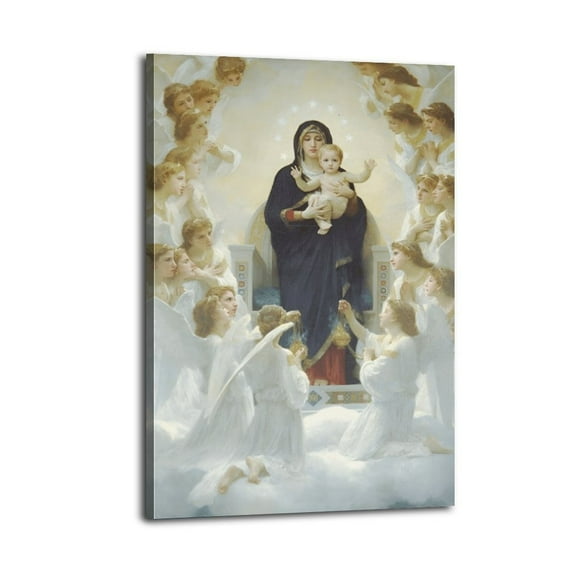 Virgin Mary by William-Adolphe Bouguereau Canvas Wall Art, Madonna And Child Poster Wrapped Wooden Frame Wall Decor,,Canvas Wall Art for Living Room,Bedroom,Office,Ready to Hang