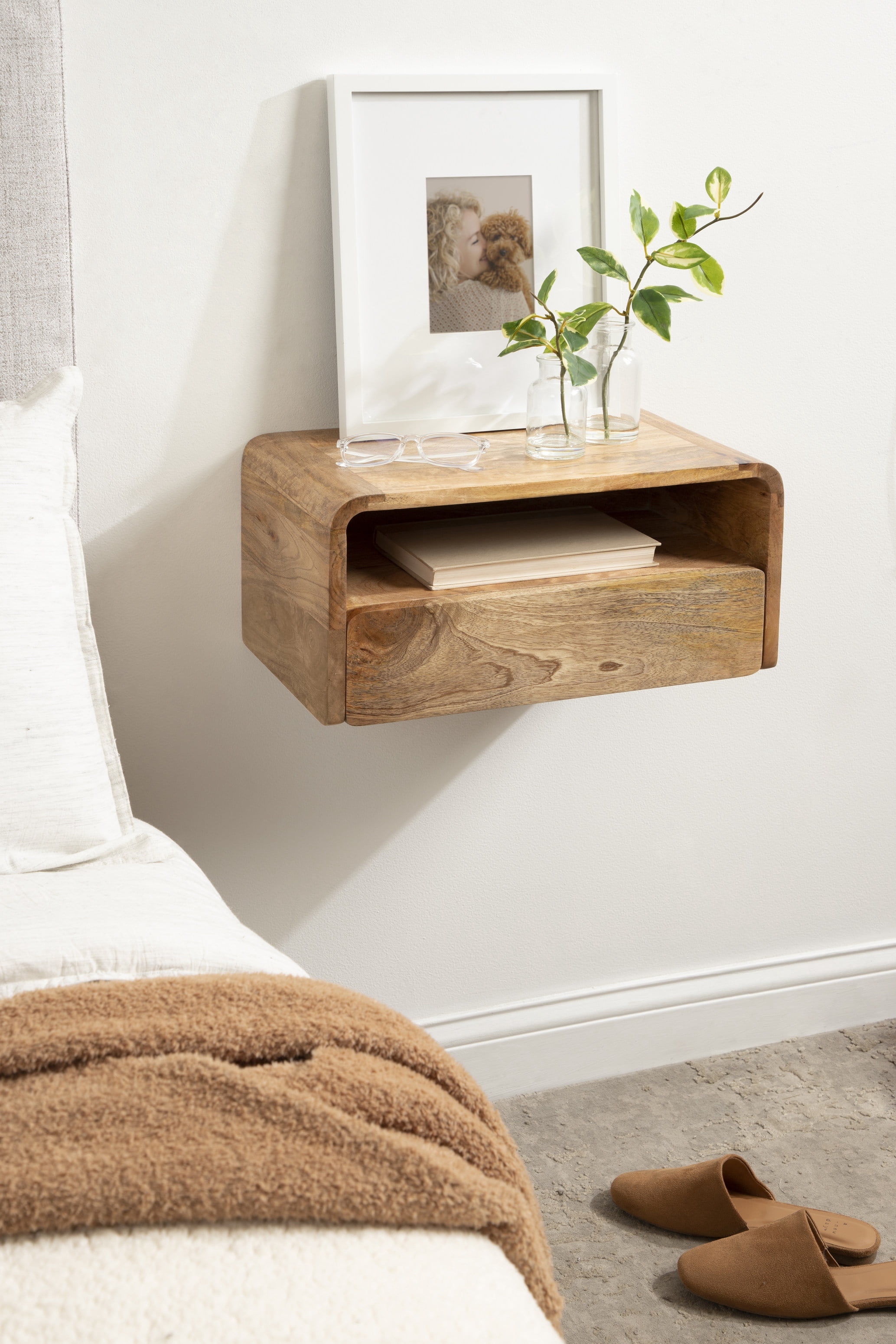 Kate and Laurel Kato Transitional Wood Floating Side Table with Drawer, 18 x 10 x 9, Natural Brown, Modern Wooden Floating Nightstand for Bedroom Bedside Table