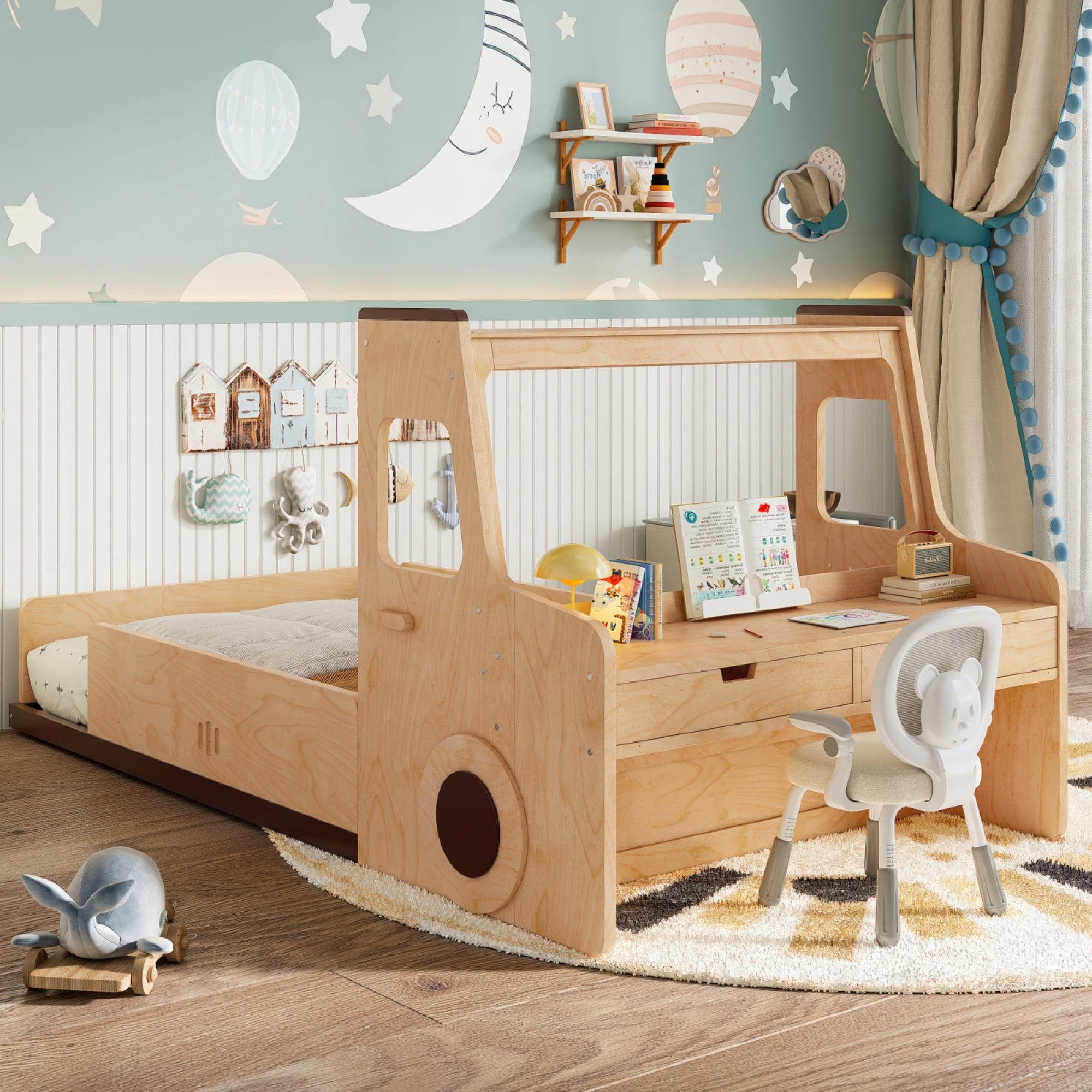 Twin Size Car-Shaped Floor Bed - with Storage Drawers, Window & Desk for Bedroom,Natural