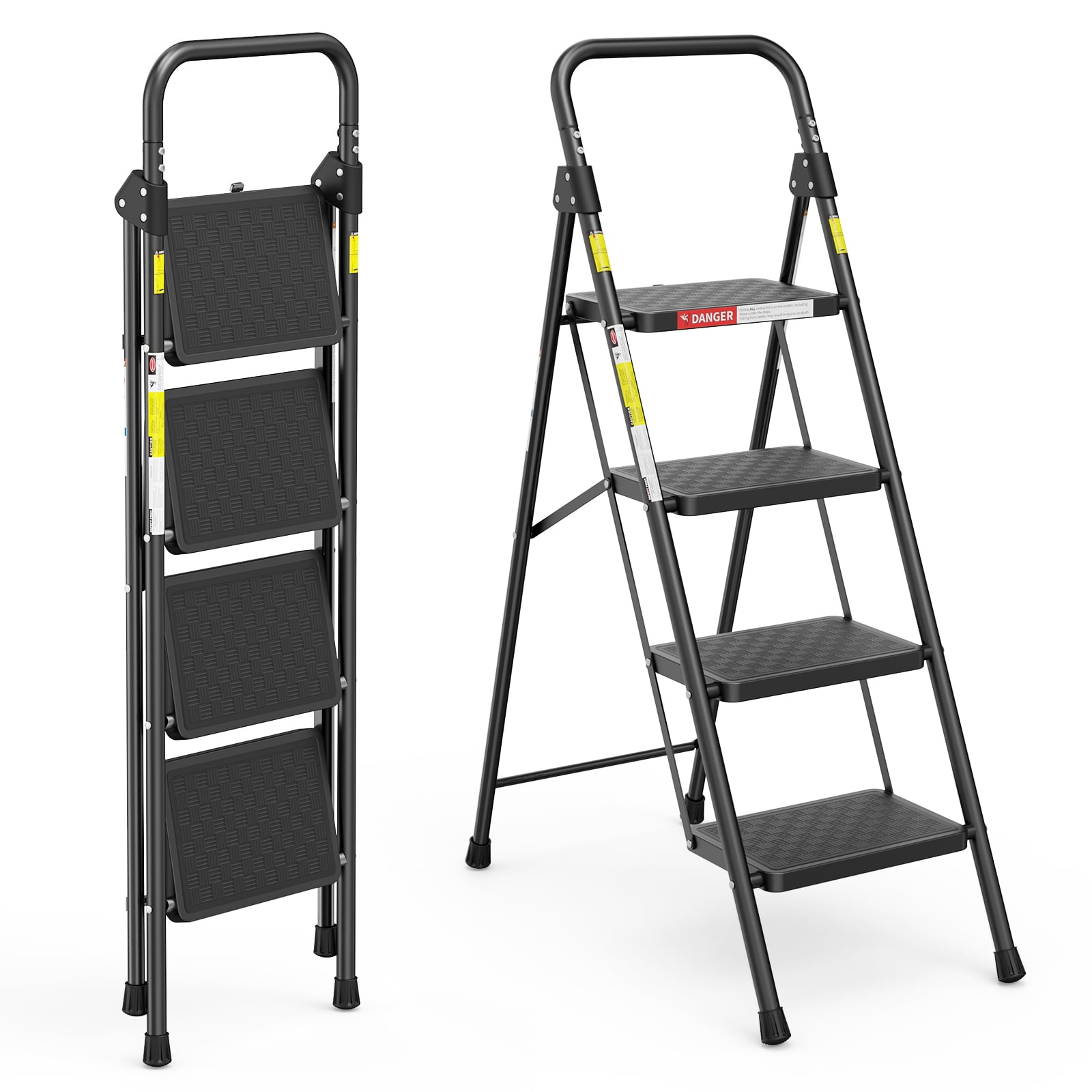 ASoopher 4 Step Ladder with Anti-Slip Pedal, Sturdy Steel Ladder, Black